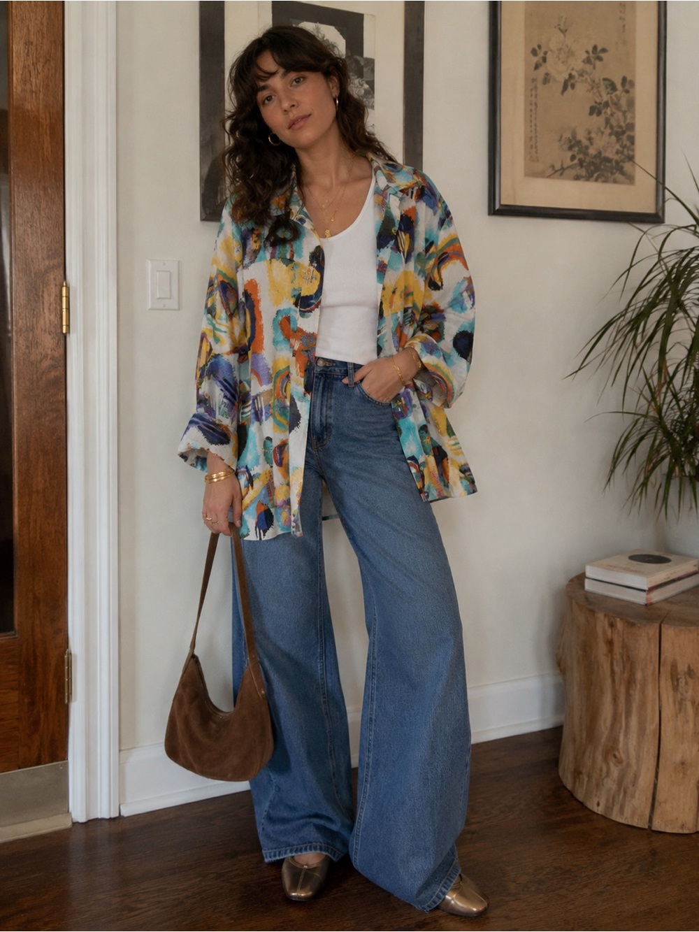 Abstract Print Linen Blend Button Down Top Boho Resortwear Quiet Luxury